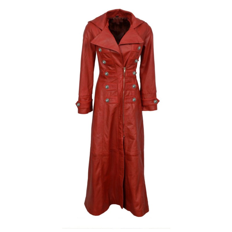 Women Gothic Real Nappa Leather Coat Red Gothic Long Coat Sissy Empress Fitted Jacket